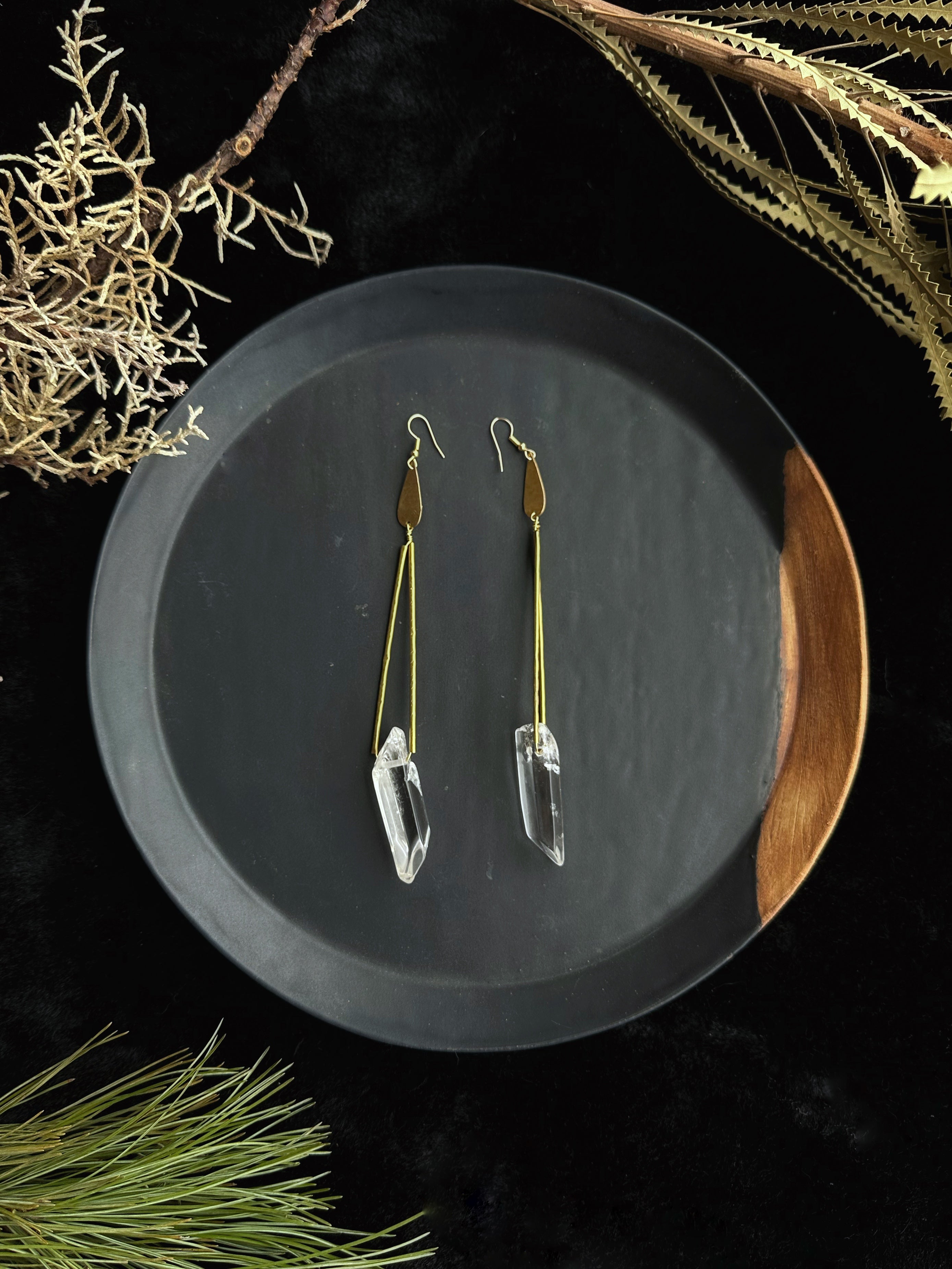 Crystal Quartz Hangers - Brass Earrings by Swell Jewels