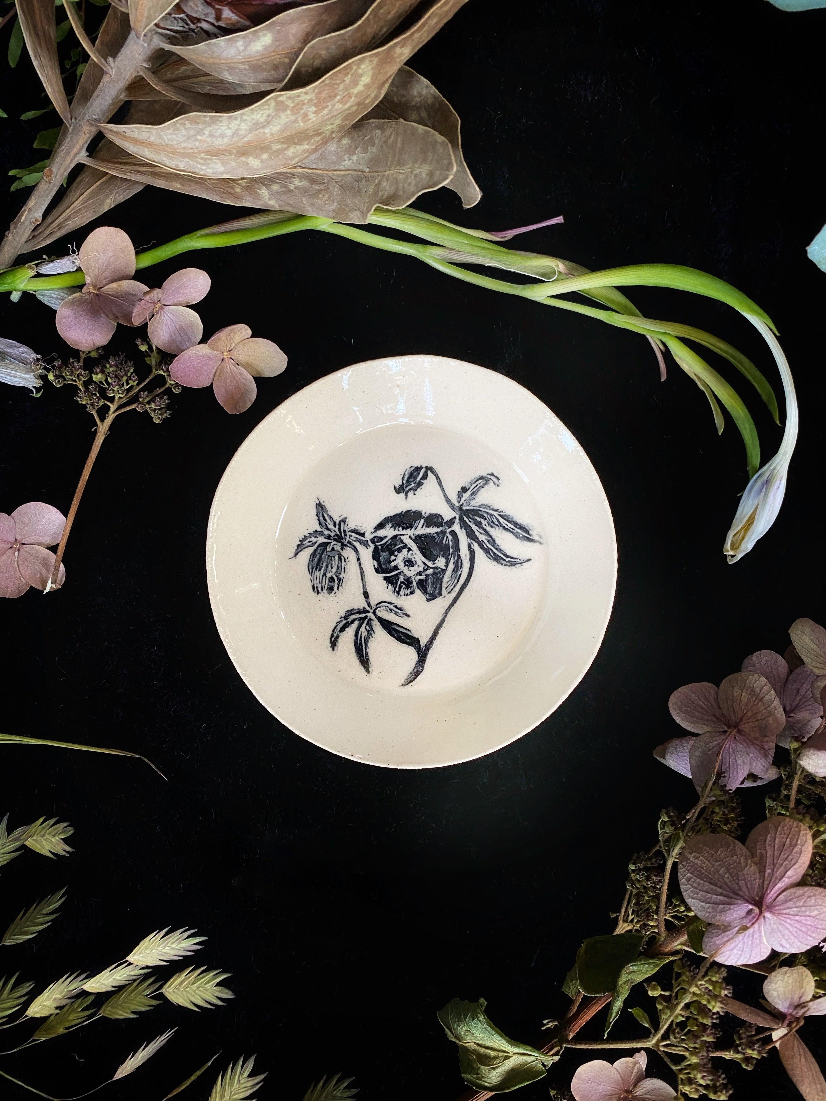 Black Sgraffito Hellabore Ceramic Offering Plates - Keven Craft Rituals