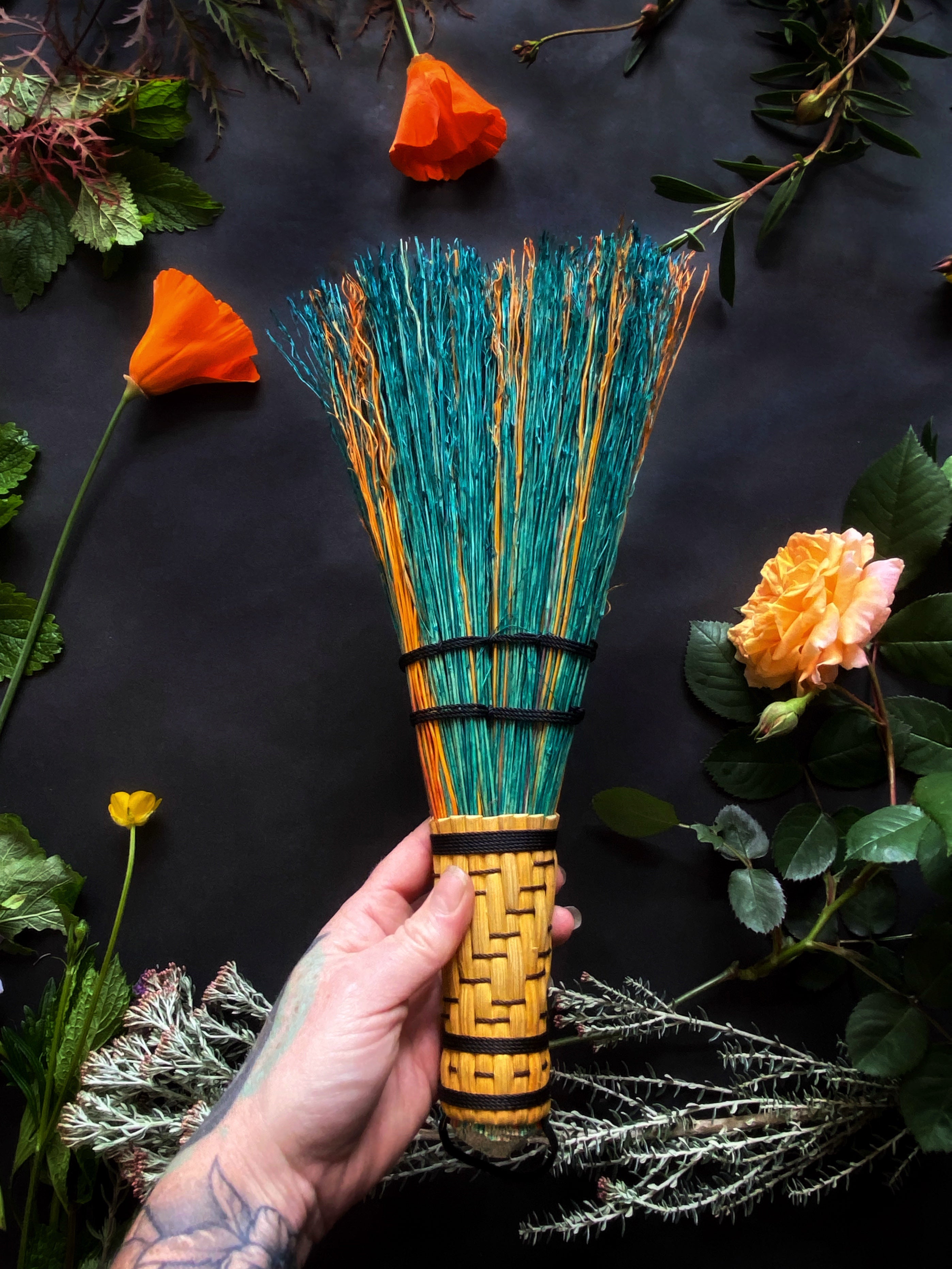 Hand Dyed, Woven Handle Stitched Hand Broom