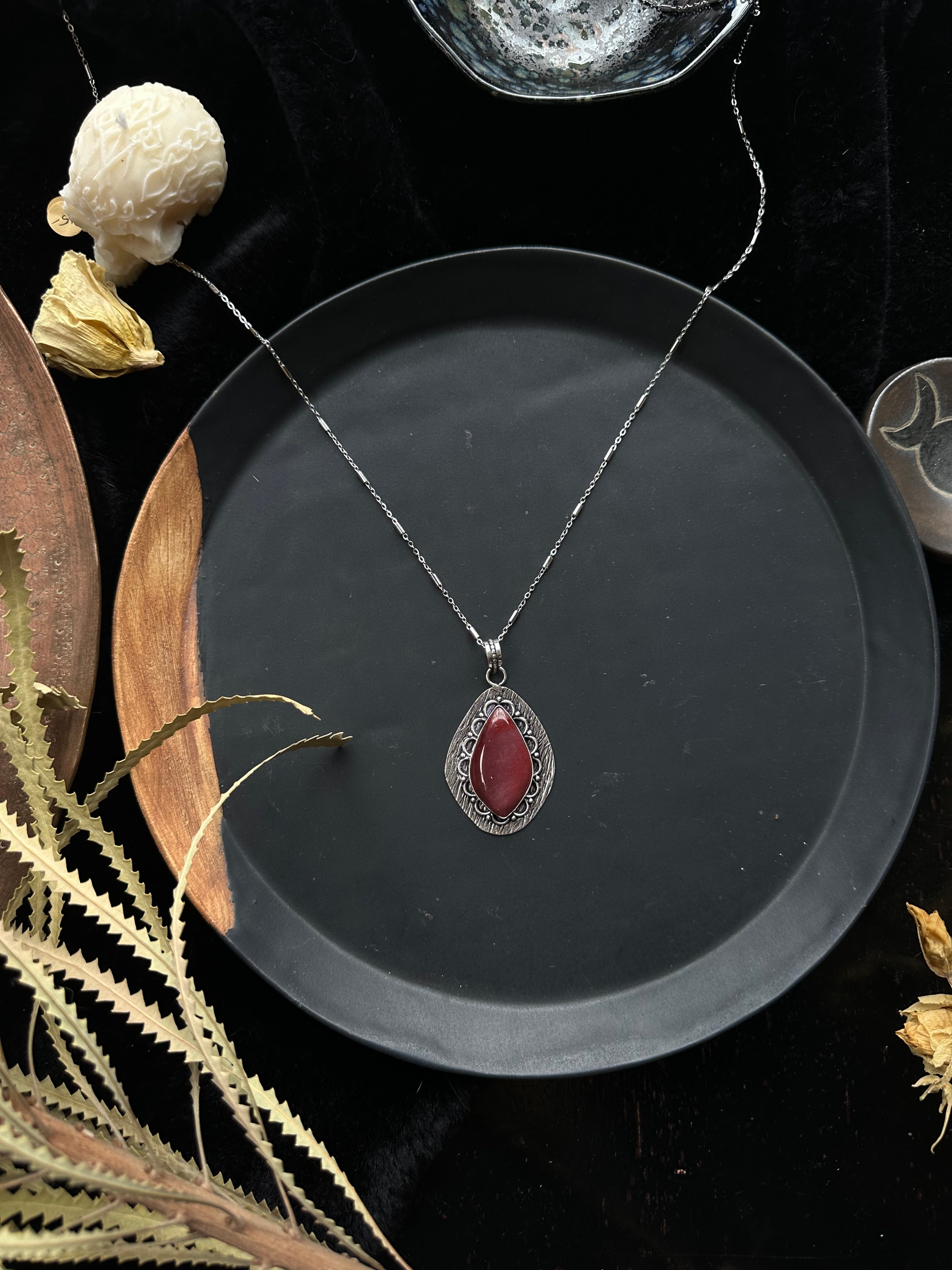 Strawberry Quartz Sterling Silver Teardrop Necklace - 30" (Stainless Steel Chain)