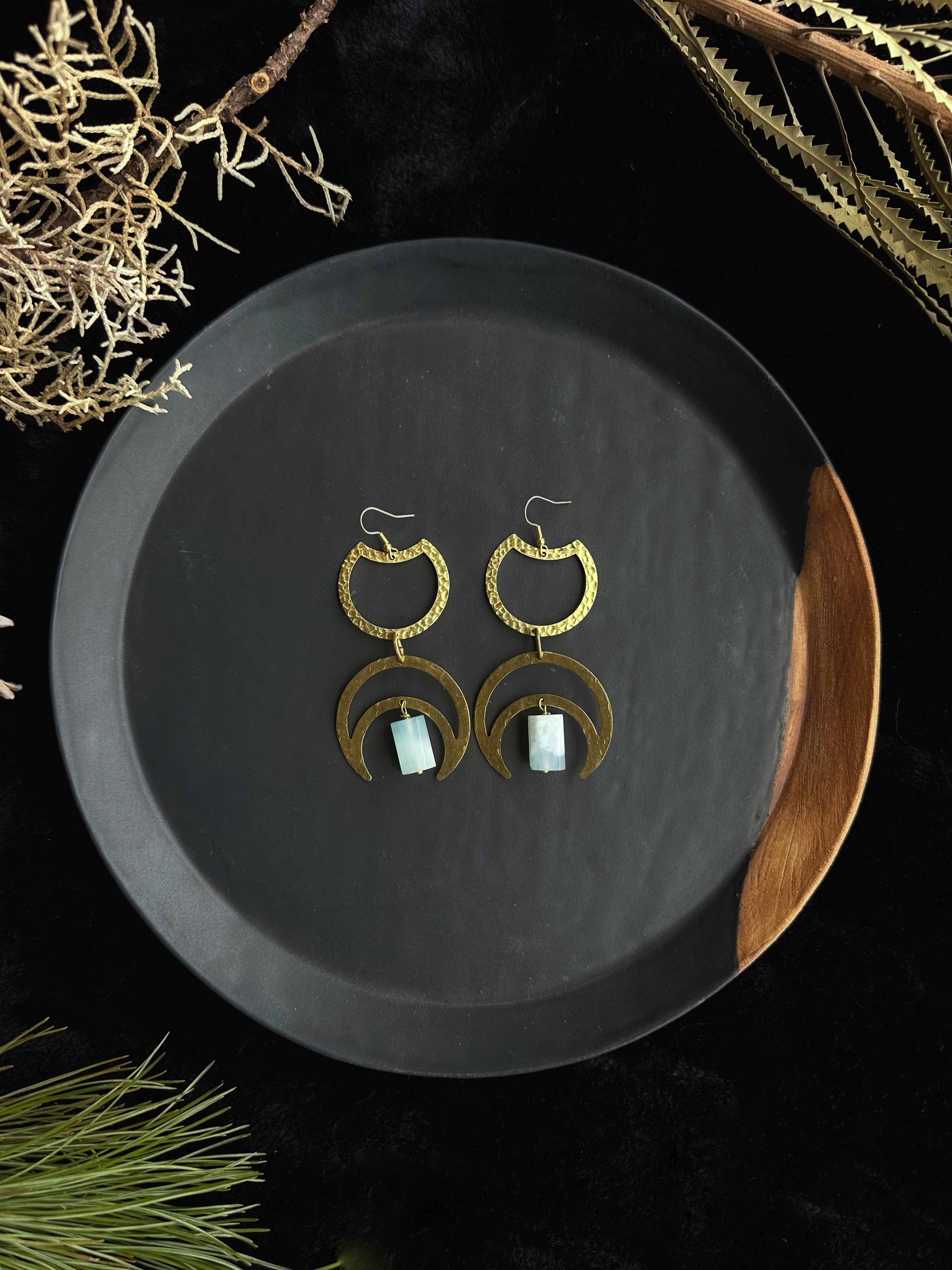 Aquamarine Crystal Moon Hangers - Brass Earrings by Swell Jewels