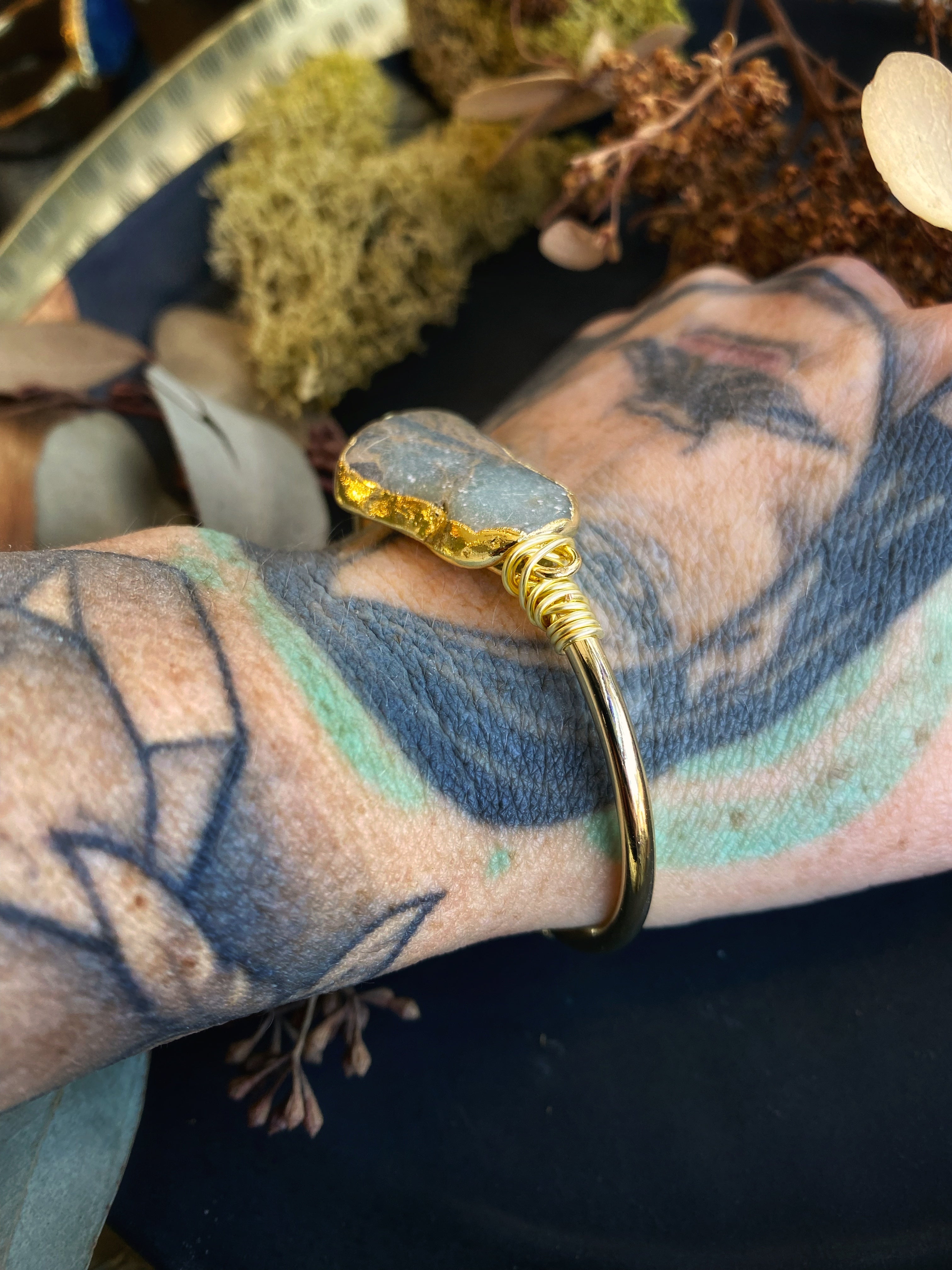 Ocean Jasper Gemstone Gold Bangle Cuff Bracelet "Ocean Energy ~ Calming Mind, Body, Spirit"