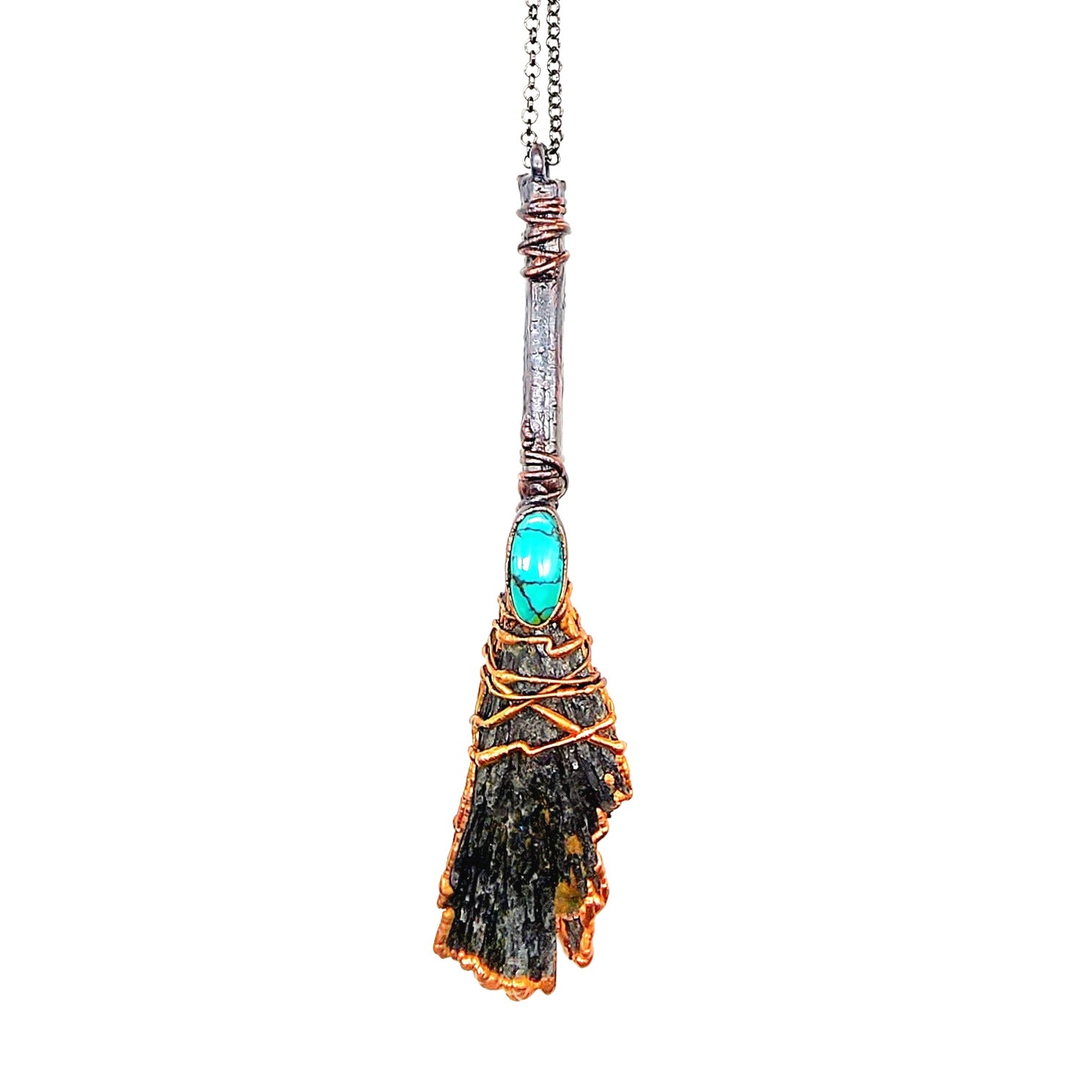Black Kyanite Gemstone Broomstick Necklace - Antique Copper