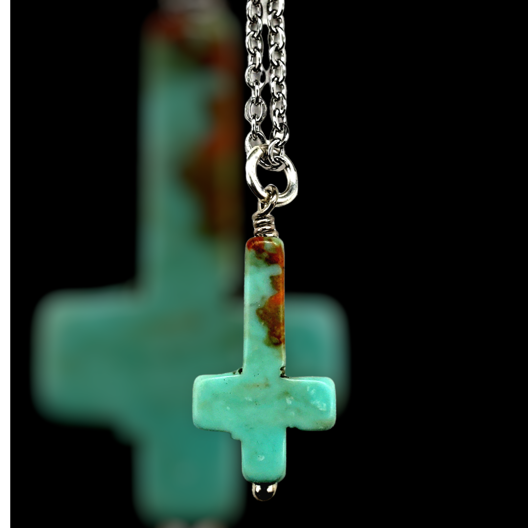 Turquoise Cross (Upside Down) - w/ Stainless Steel Chain