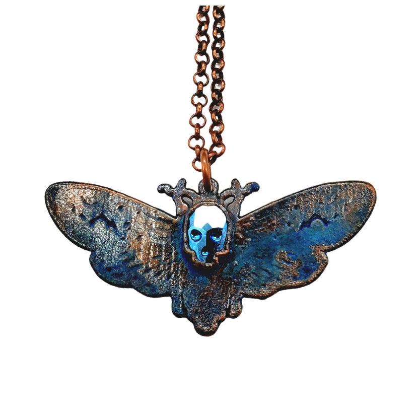 Death's Head Hawkmoth Necklace - Metallic Blue Skull