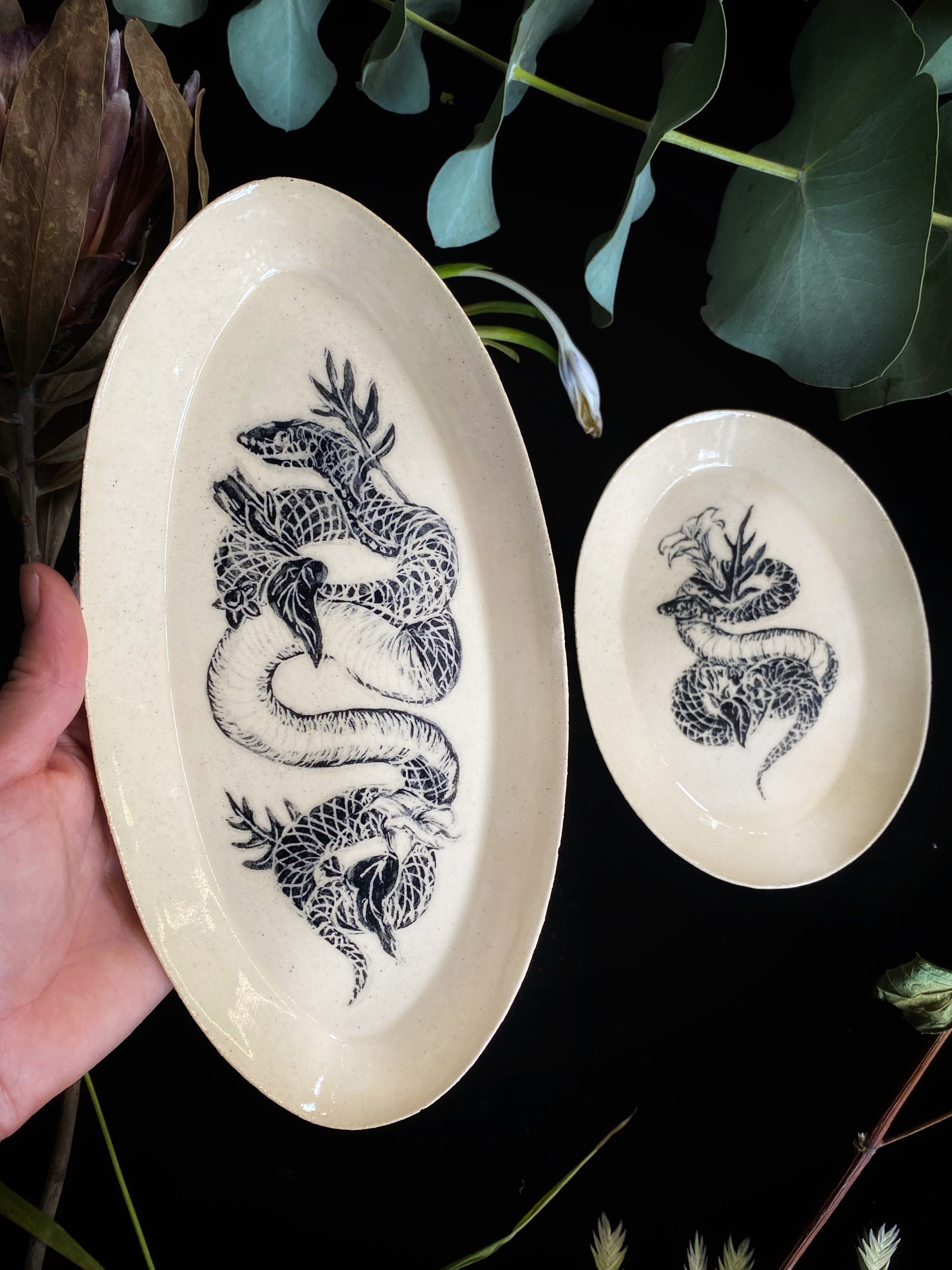 Black Sgraffito Snake and Poison Plant Ceramic Offering Plates - Keven Craft Rituals