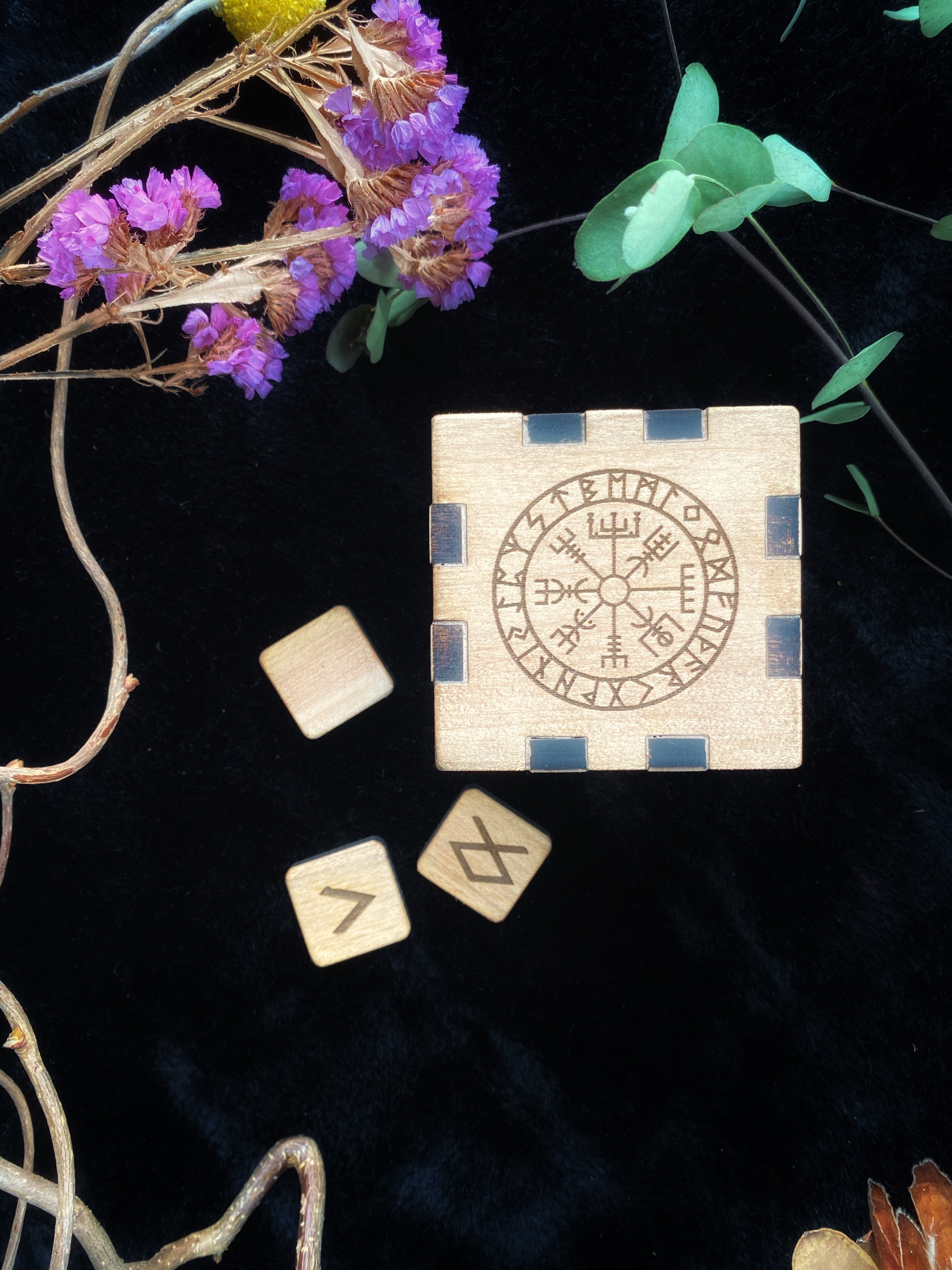 Vegvisir (Protection) - Elder Futhark Box and Runes on Cherry Hardwood