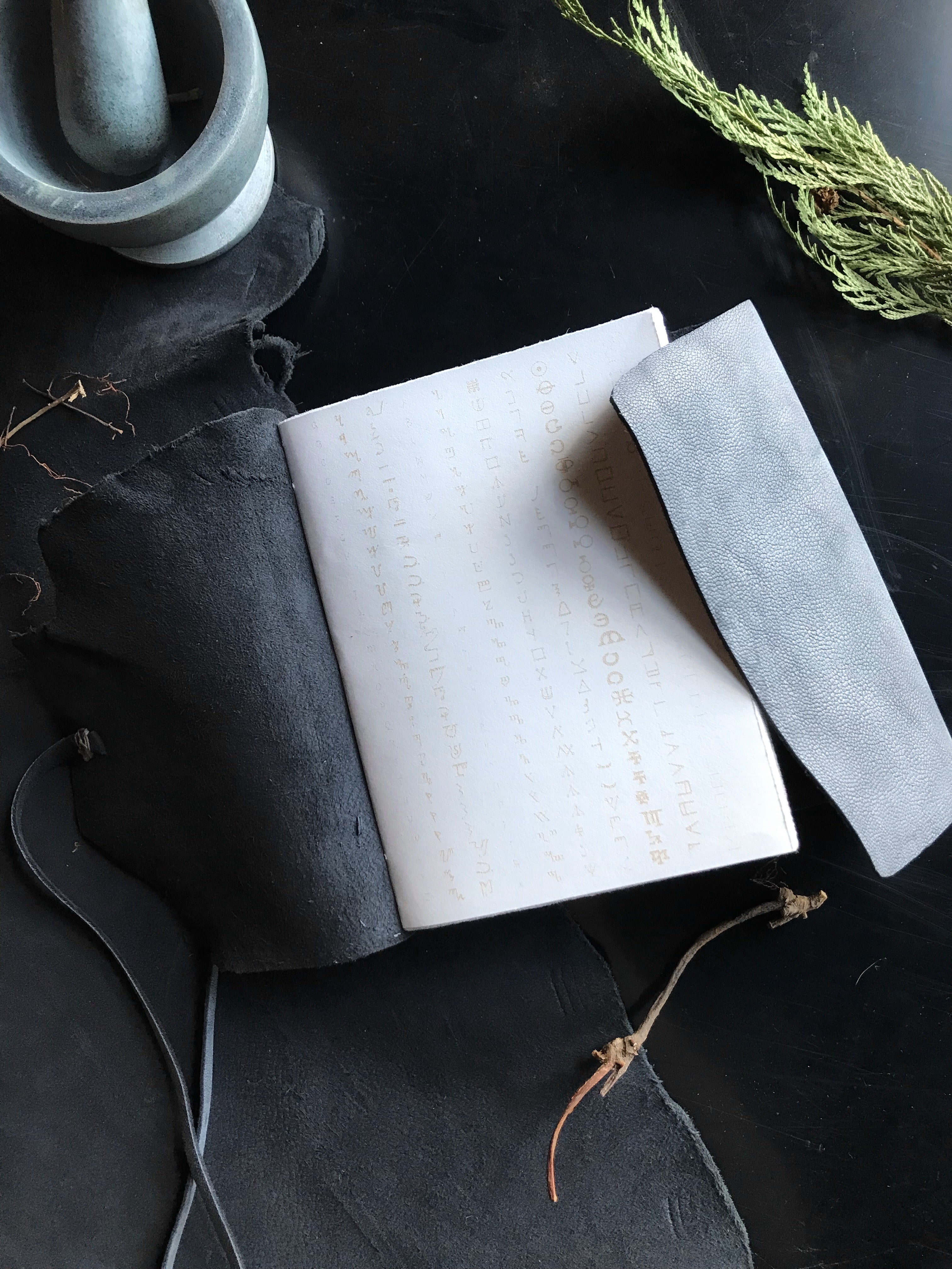 Grimoire - Grey Goatskin with Etched Baphomet and Magical Binding Alphabets - Keven Craft Rituals