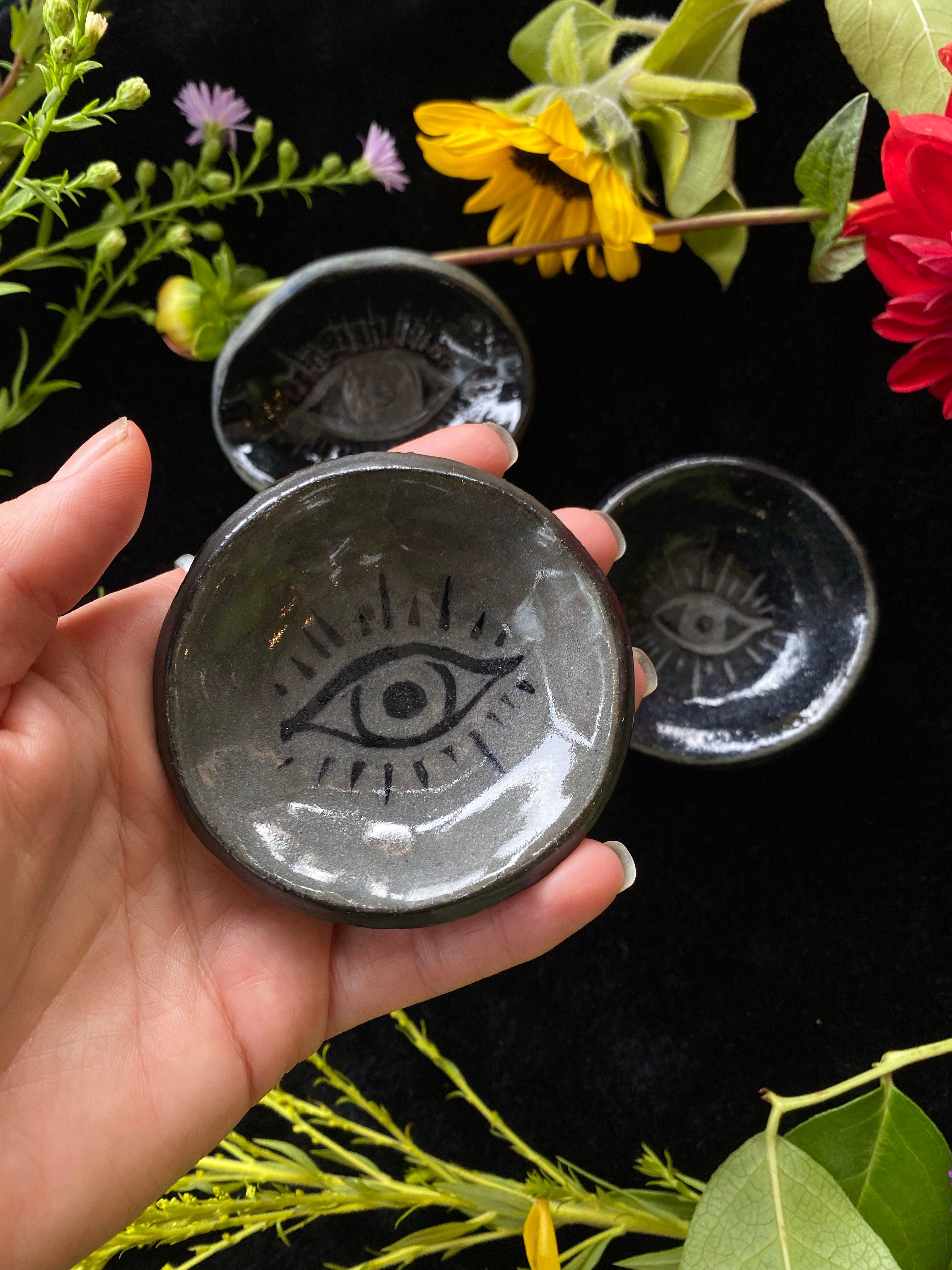 Black Sgraffito Black / Grey Evil Eye Mini Offering Dishes - Keven Craft Rituals
