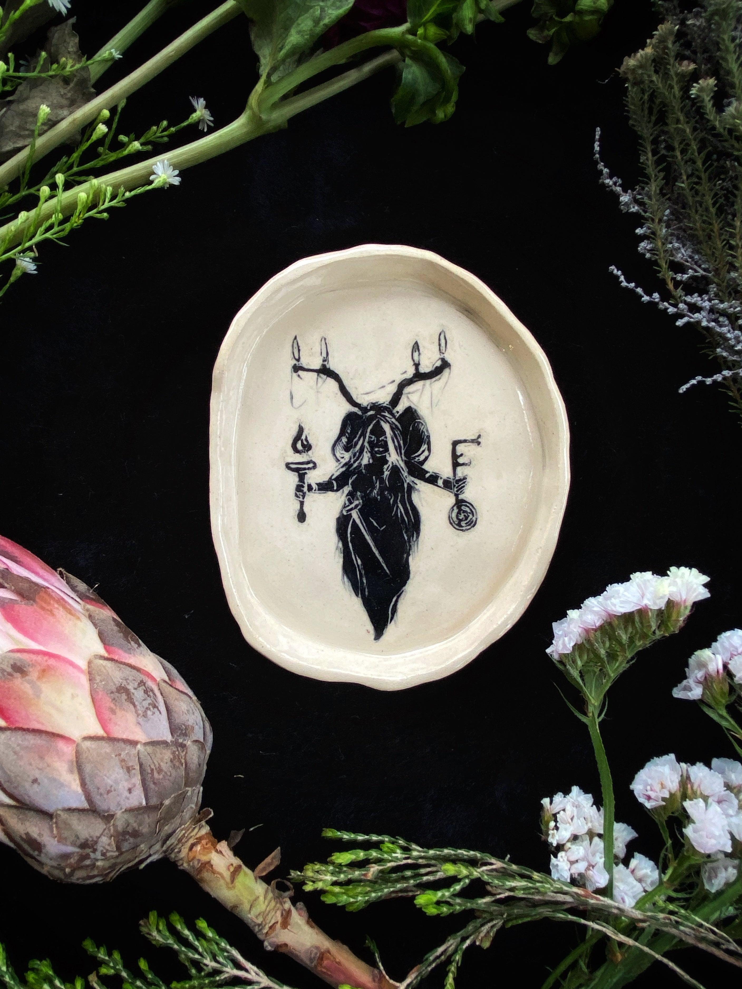 Black Sgraffito Hekate Ceramic Offering Plate - Keven Craft Rituals