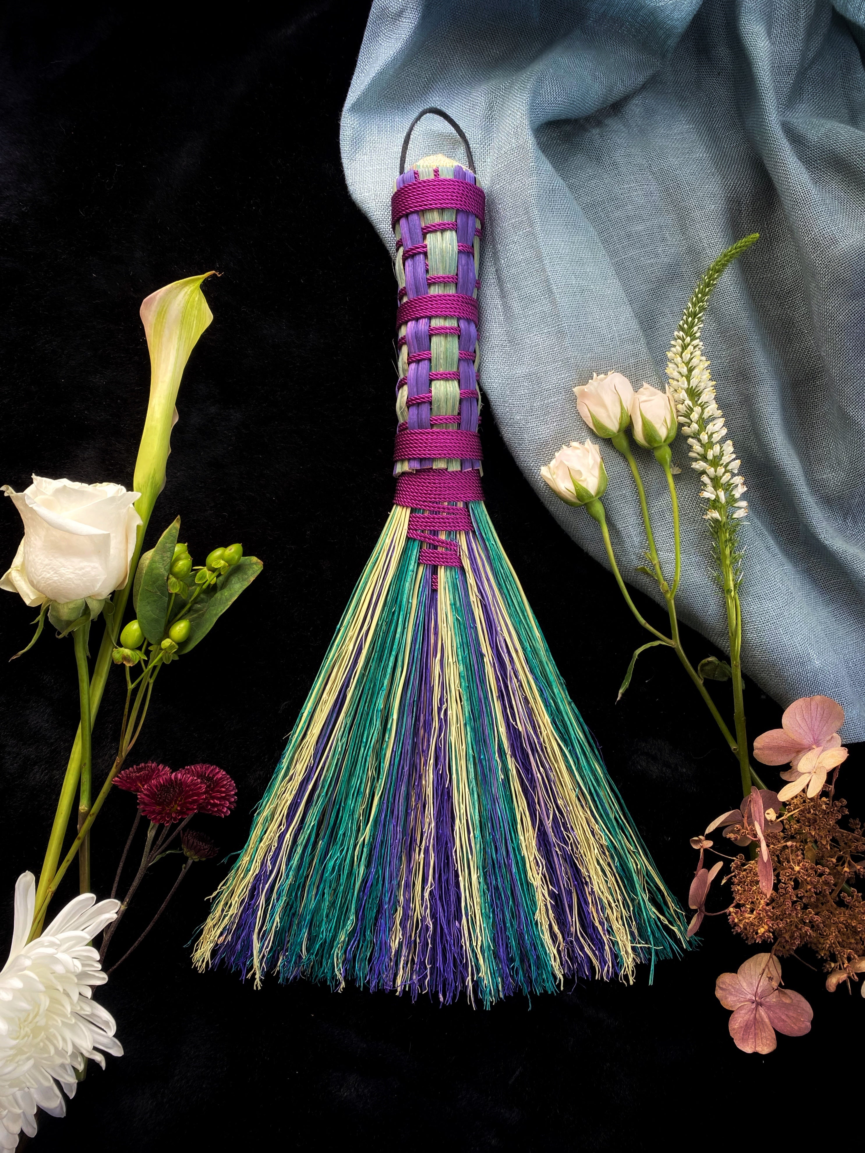 Hand Dyed, Woven Handle Hawk Tail Brooms