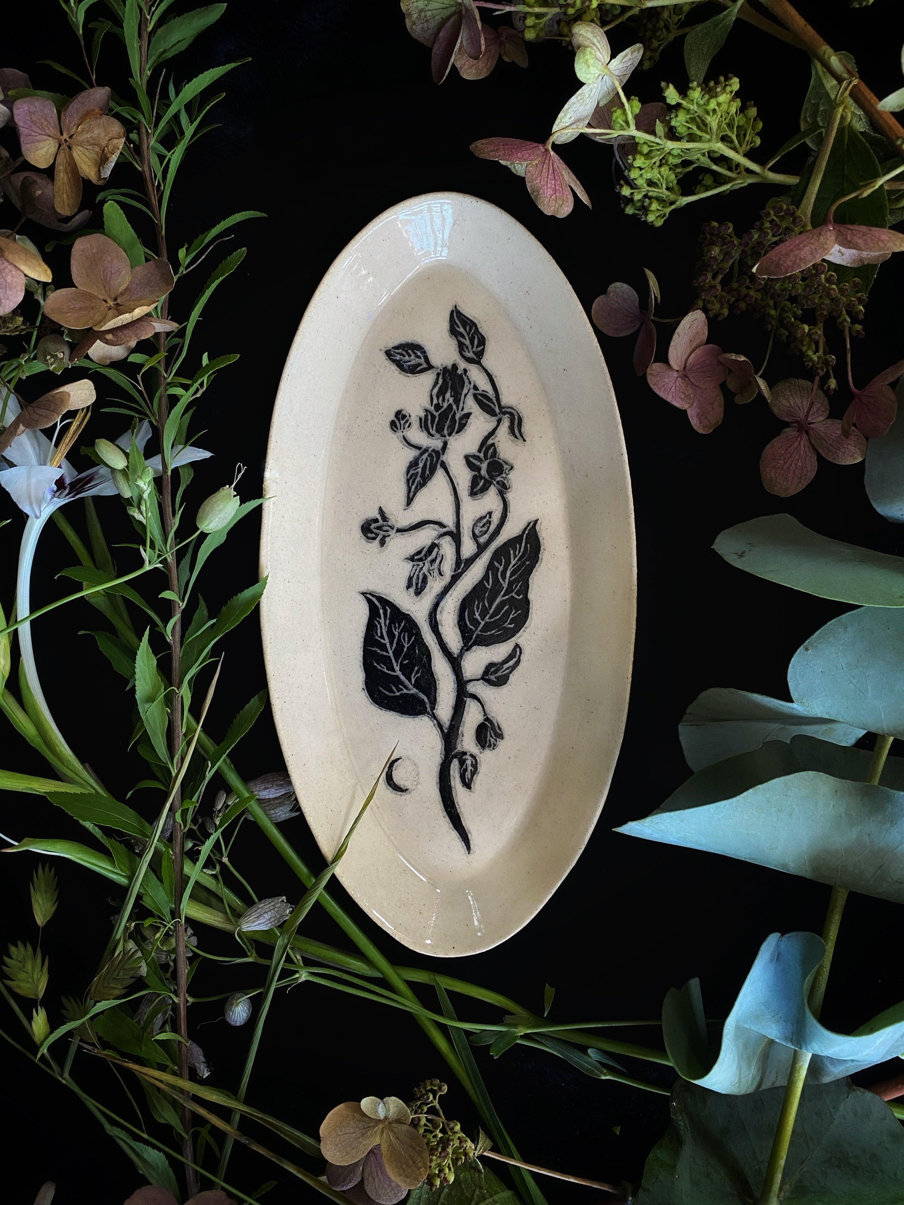Black Sgraffito Belladonna Ceramic Offering Plates - Keven Craft Rituals