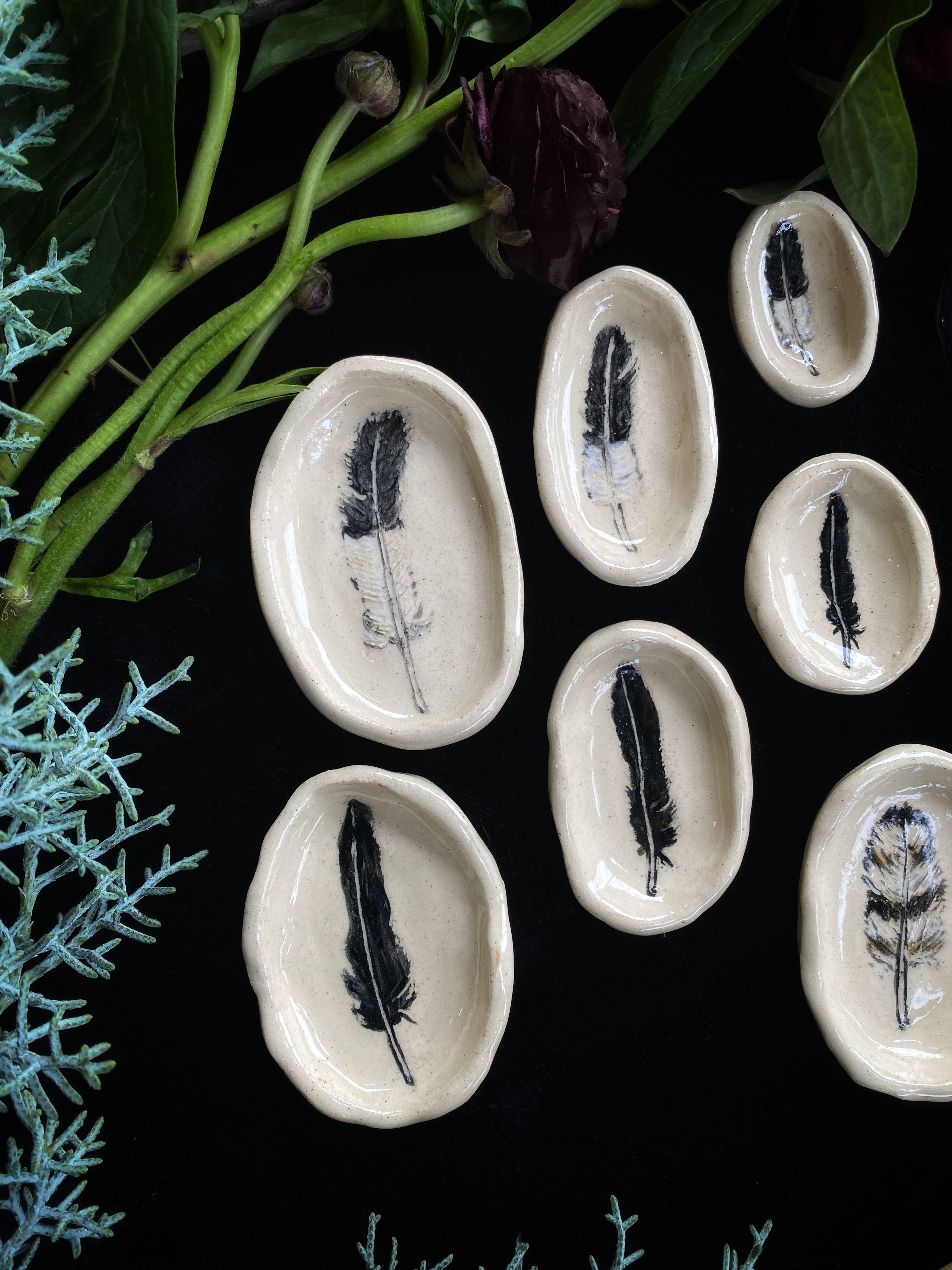 Multi-Color Sgraffito Feather Ceramic Ritual Dish - Keven Craft Rituals