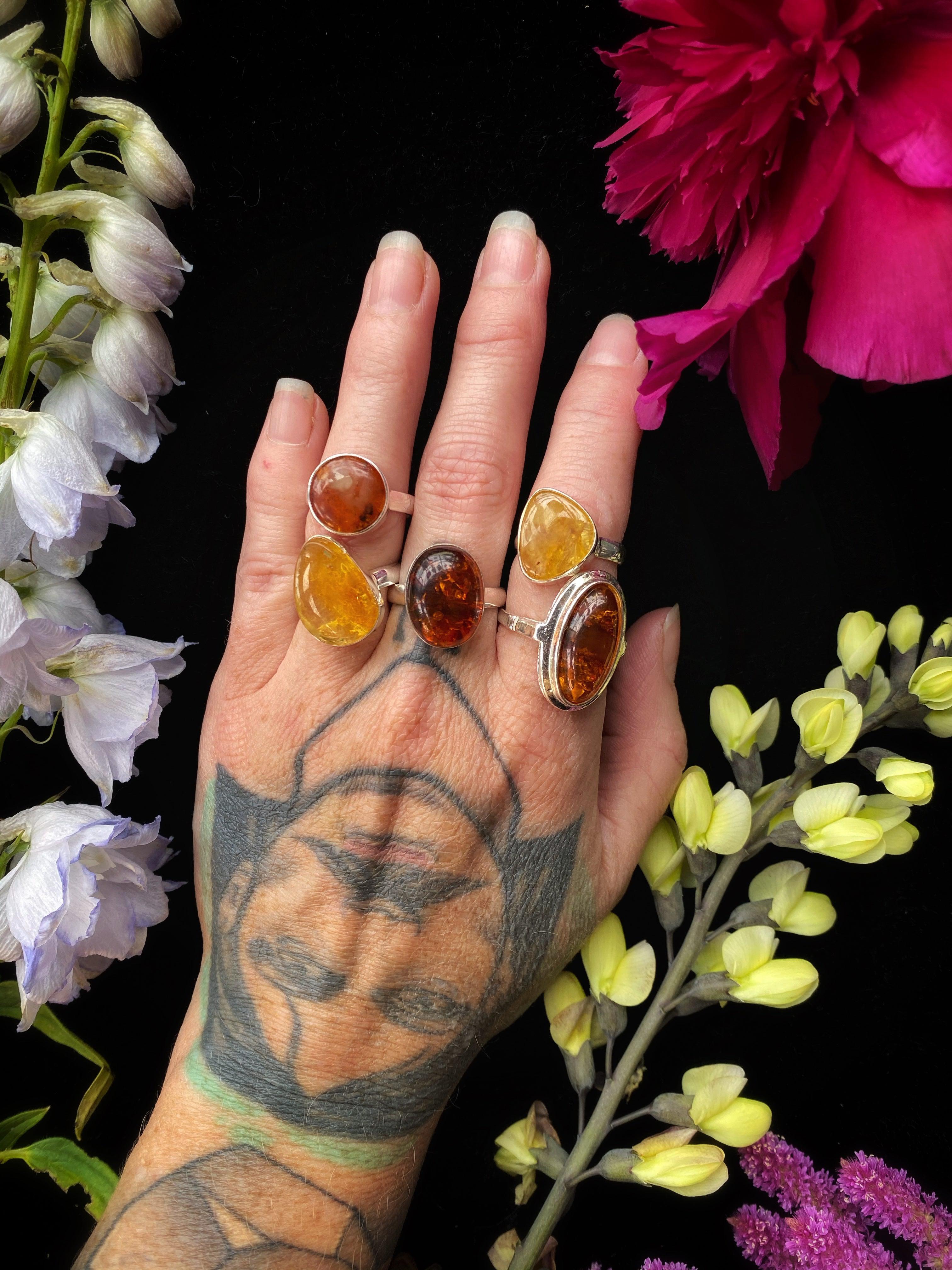 Natural Baltic Amber Ring on Sterling Silver- Size 5.5 - 8 - Keven Craft Rituals
