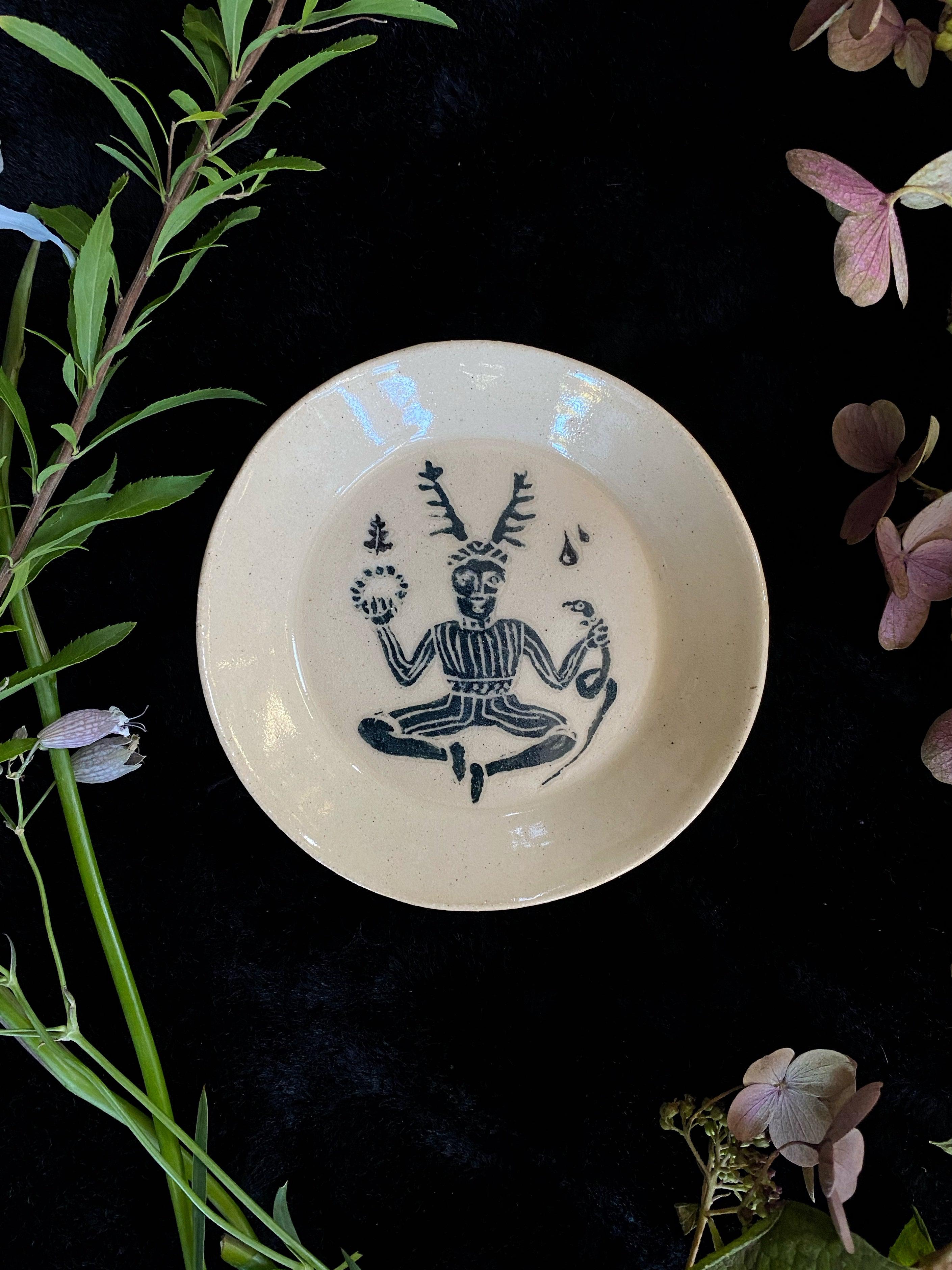 Green Sgraffito Cernnunos Ceramic Offering Plates - Keven Craft Rituals
