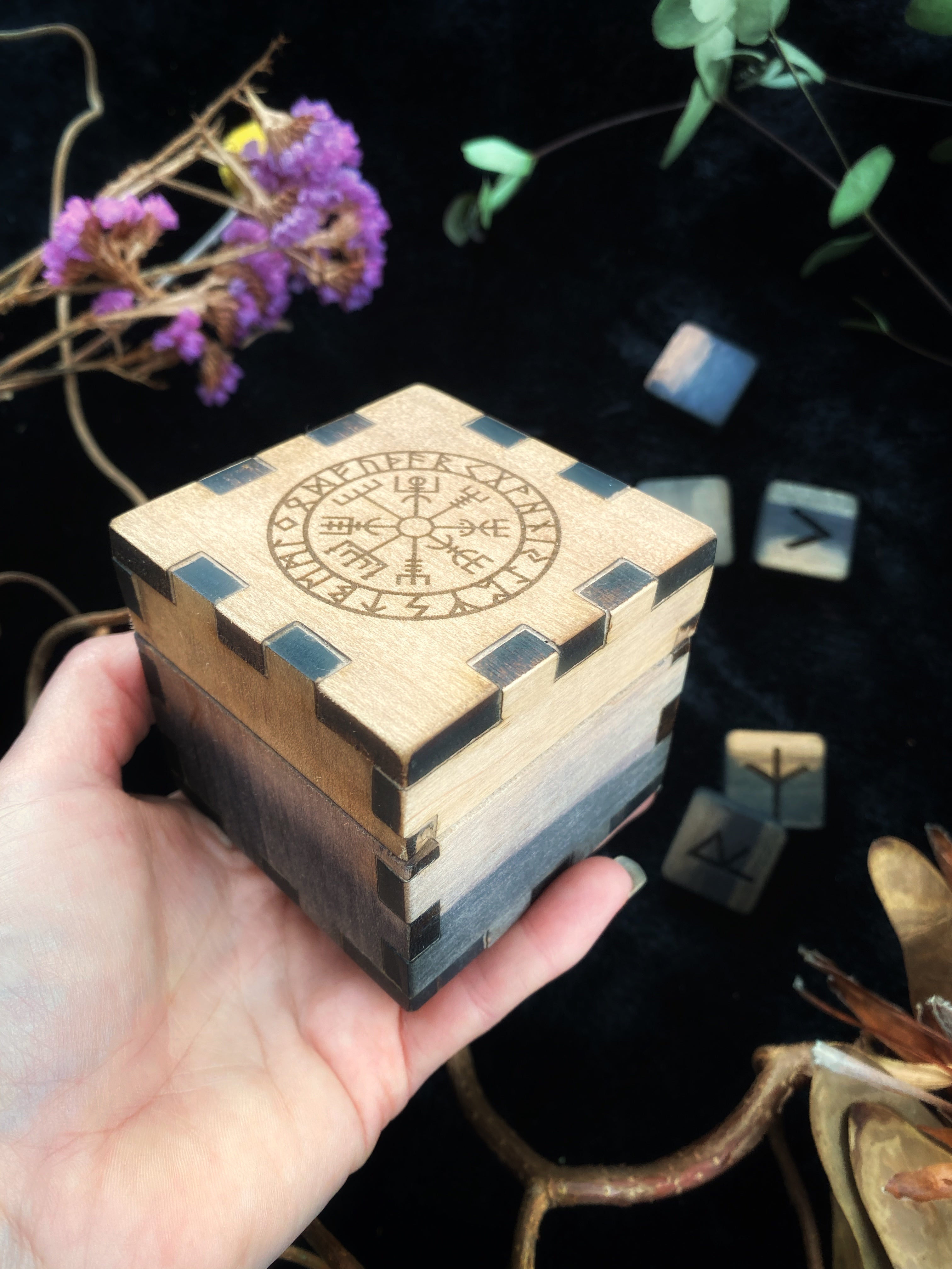 Vegvisir (Protection) - Elder Futhark Box and Runes on Cherry Hardwood