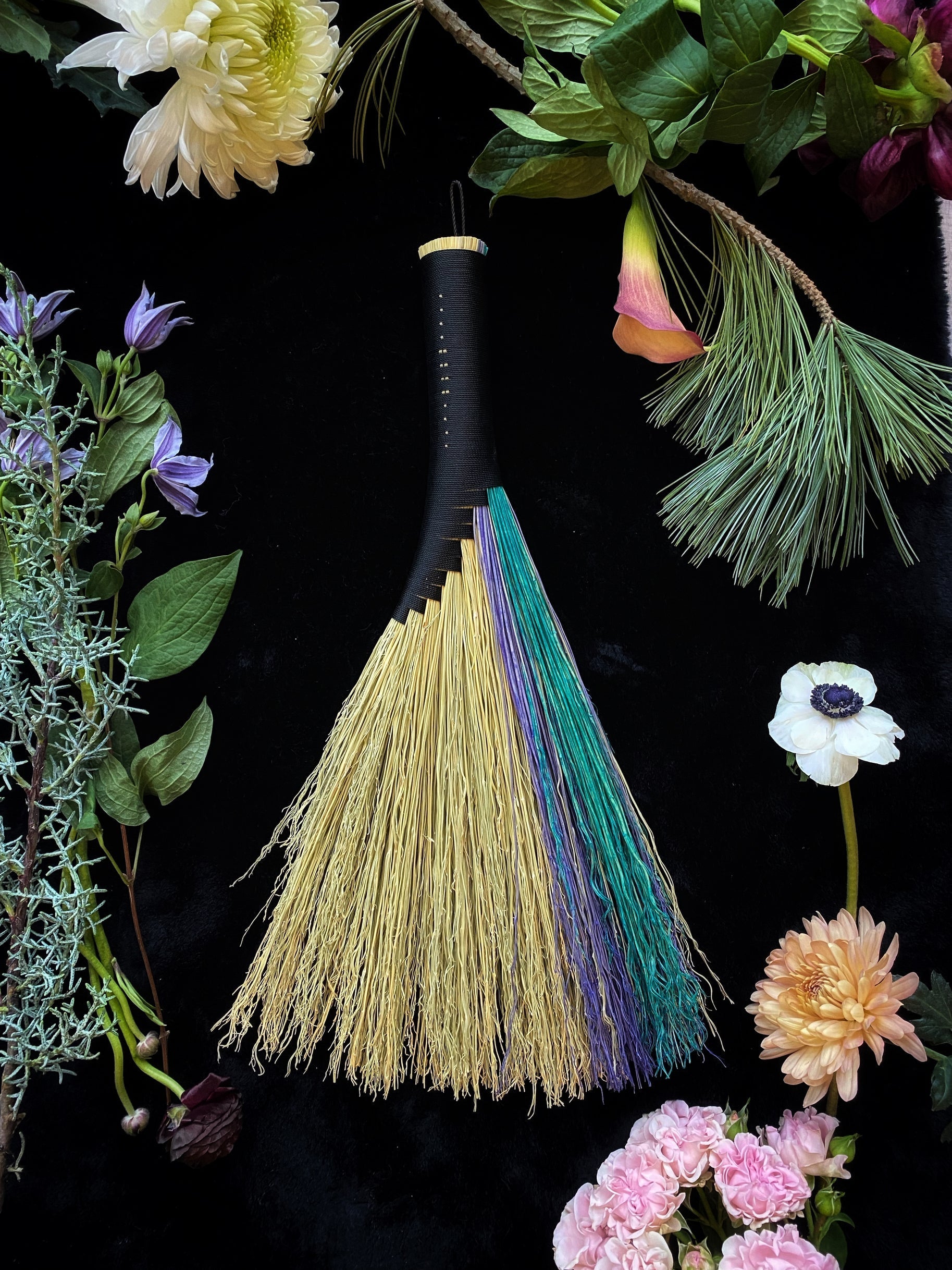 Natural + Color Streak, (Turkey Tail) Woven Black Wrapped Brooms
