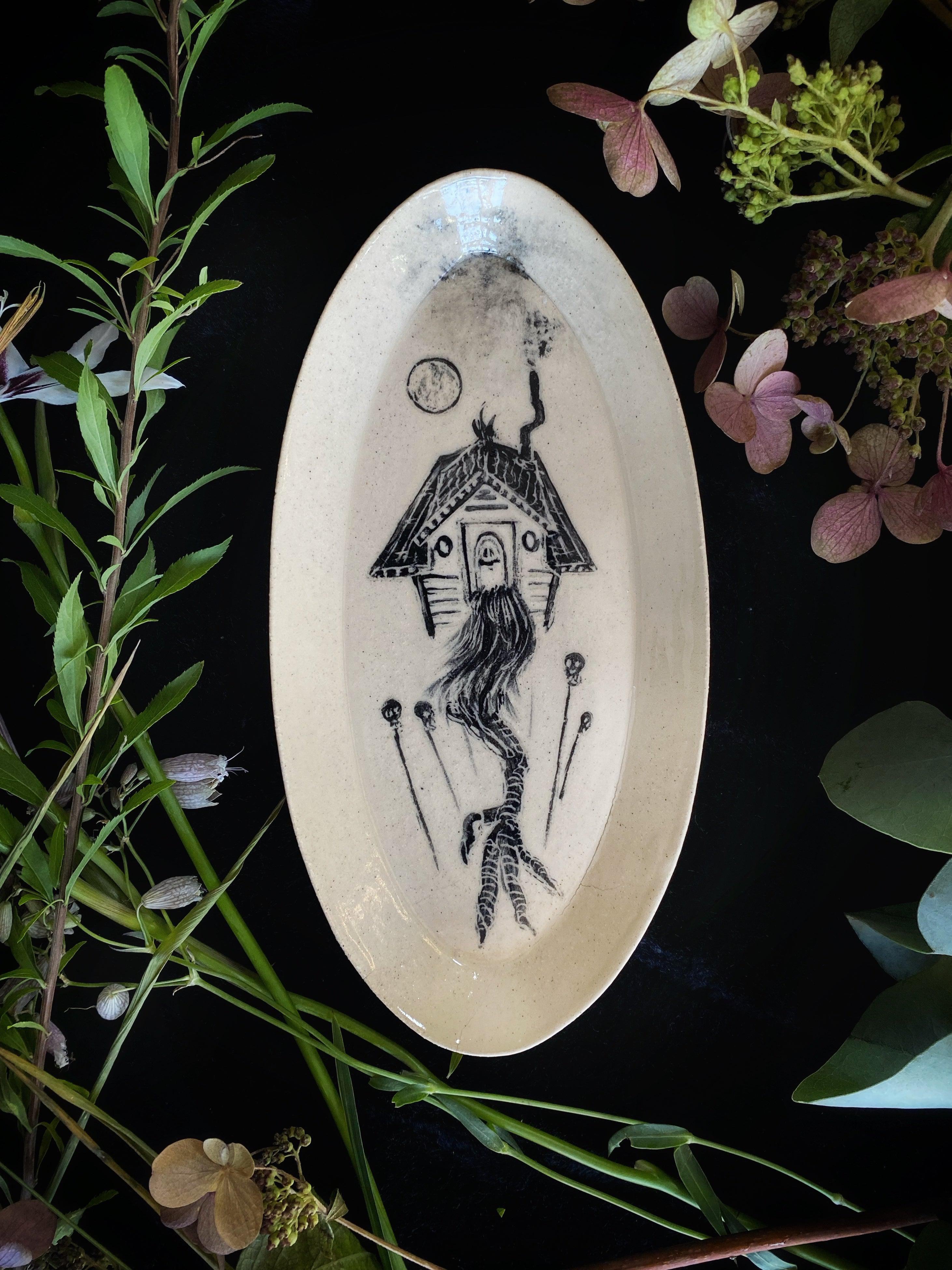 Black Sgraffito Baba Yaga Ceramic Offering Plates - Keven Craft Rituals