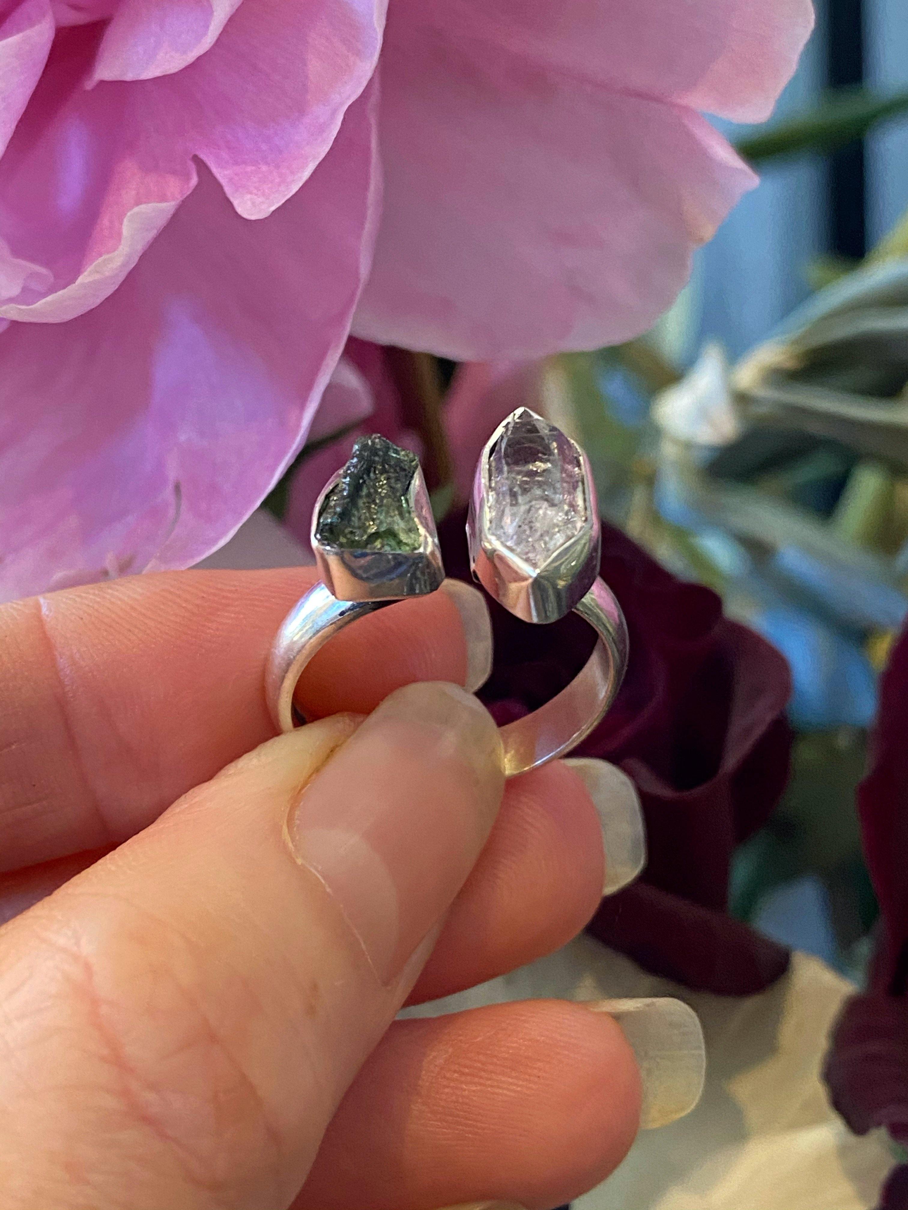 Rough Moldavite w/ Herkimer Diamond Ring on Sterling Silver- Size 6 -7.5 - qmeb